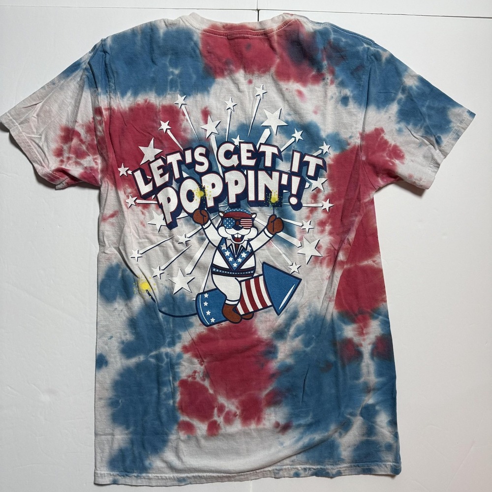 Buc-ee's 2022 Tie Dyed 4th of July Let's Get Poppin' Men Small T-Shirt Fireworks - Picture 2 of 6